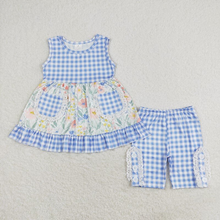Load image into Gallery viewer, Baby Girls Blue Flowers Checkered Sibling Rompers Dresses Clothes Sets