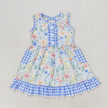 Load image into Gallery viewer, Baby Girls Blue Flowers Checkered Sibling Rompers Dresses Clothes Sets