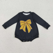 Load image into Gallery viewer, Baby Girls Black Long Sleeve Gold Baseballs Bows Team Rompers