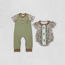 Load image into Gallery viewer, Sibling Baby Boys Girls Embroidery Green Camo Rabbits Rompers