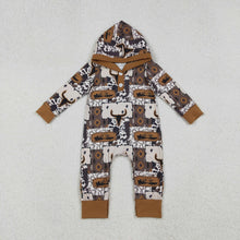 Load image into Gallery viewer, Baby Boys Brown Aztec Bull Skulls Western Hoodie Footie Rompers