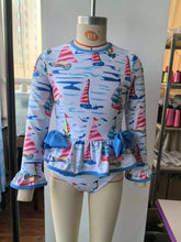 Load image into Gallery viewer, Baby Girls Blue Boats Long Sleeve Summer One Piece Bows Swimsuits