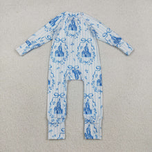 Load image into Gallery viewer, Baby Girls Blue Stripe Bows Castles Two Way Zip Convertible Rompers