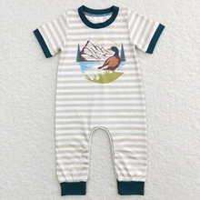 Load image into Gallery viewer, Baby Boys Duck Hunting Khaki Stripes Short Sleeve Rompers