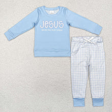 Load image into Gallery viewer, Baby Boys Blue Jesus Top Checkered Pants Clothes Sets