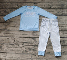Load image into Gallery viewer, Baby Boys Blue Jesus Top Checkered Pants Clothes Sets