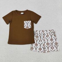 Load image into Gallery viewer, Baby Boys Brown Pocket Top Aztec Cow Shorts Clothes Sets