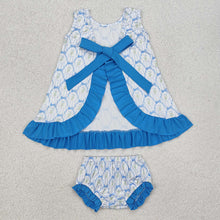 Load image into Gallery viewer, Baby Girls Blue Bows Ruffle Top Bummies Clothes Sets