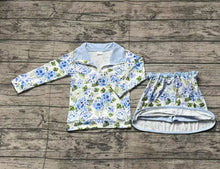 Load image into Gallery viewer, Baby Girls Blue Flowers Athletic Active Wear Top Shorts Skirts Clothes Sets
