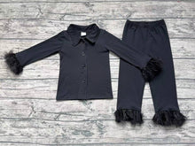 Load image into Gallery viewer, Baby Girls Black Cotton Buttons Top Pants Fur Pajamas Clothes Sets