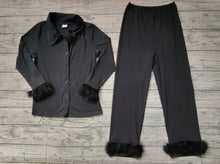 Load image into Gallery viewer, Adult Women Black Cotton Button Up Top Pants Fur Pajamas