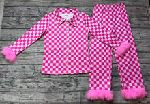 Load image into Gallery viewer, Adult Women Dark Pink Checkered Button Up Top Pants Fur Pajamas