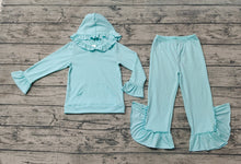 Load image into Gallery viewer, Baby Girls Aqua Hooded Ruffle Top Bell Pants Clothes Sets