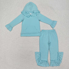 Load image into Gallery viewer, Baby Girls Aqua Hooded Ruffle Top Bell Pants Clothes Sets