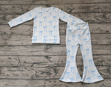 Load image into Gallery viewer, Baby Girls Blue Bows Cable Print Shirt Bell Pants Clothes Sets