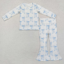 Load image into Gallery viewer, Baby Girls Blue Bows Cable Print Shirt Bell Pants Clothes Sets