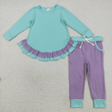 Load image into Gallery viewer, Baby Girls Aqua Long Sleeves Ruffle Top Lavender Pockets Legging Pants Sets