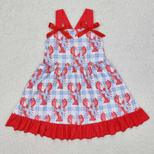 Load image into Gallery viewer, Baby Girls Blue Checkered Crawfish Bow Ruffle Knee Length Dresses