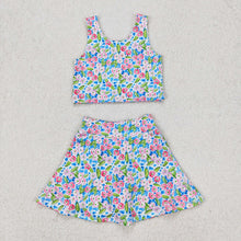 Load image into Gallery viewer, Baby Girls Blue Flowers Athletic Active Wear Top Shorts Skirts Tennise Outfits