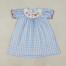 Load image into Gallery viewer, Baby Girls Blue Plaid Short Sleeves Cows Pigs Farm Smocked Knee Length Dresses