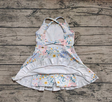 Load image into Gallery viewer, Baby Girls Aqua Strap Floral Yoga Ruffle Knee Length Dresses