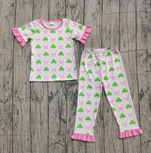 Load image into Gallery viewer, Baby Girls Bows Clovers Checked Top Ruffle Pants St Patrick Pajamas Sets