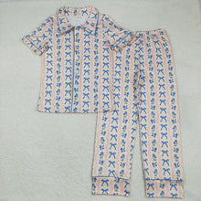 Load image into Gallery viewer, Adult Women Blue Bows Flowers Stripe Button Top Pant Pajamas Sets