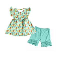 Load image into Gallery viewer, Baby girls green cow floral pearl summer shorts sets