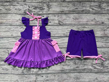 Load image into Gallery viewer, Baby Girls Black Purple Dots Princess Flutter Sleeve Tunic Top Shorts Clothes Sets