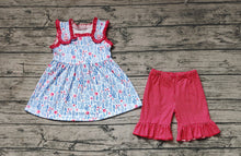Load image into Gallery viewer, Baby Girls Blue Flowers Leaves Buttons Tunic Ruffle Shorts Clothes Sets