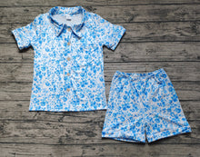 Load image into Gallery viewer, Adult Blue Color Flowers Short Sleeve Buttons Tee Shorts Pajamas Sets