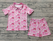 Load image into Gallery viewer, Adult Women Pink Bows Pocket Buttons Tops Shorts Pajamas