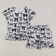 Load image into Gallery viewer, Baby Girls Black Bows Shirts Ruffle Shorts Clothes Sets