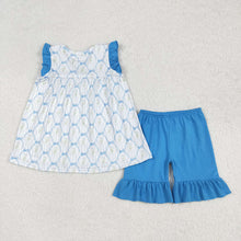 Load image into Gallery viewer, Baby Girls Blue Bows Flowers Tunic Ruffle Shorts Sets