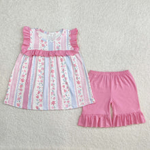 Load image into Gallery viewer, Baby Girls Pink Flowers Tunic Ruffle Shorts Sets