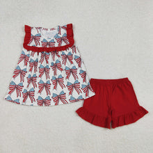 Load image into Gallery viewer, Baby Girls 4th Of July Bow Ruffles Tunic Ruffle Shorts Sets
