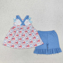 Load image into Gallery viewer, Baby Girls Blue Bows Flag Top Ruffle Shorts Clothes Sets