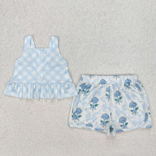 Load image into Gallery viewer, Baby Girls Blue Checkered Straps Top Flowers Shorts Clothes Sets