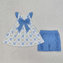 Load image into Gallery viewer, Baby Girls Blue Bows Tunic Ruffle Shorts Clothes Sets