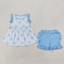 Load image into Gallery viewer, Baby Girls Blue Bows Sleeveless Tunic Ruffle Shorts Clothes Sets