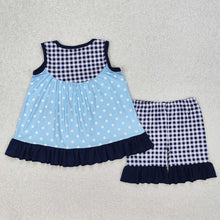 Load image into Gallery viewer, Baby Girls Blue Dots Dogs Tunic Ruffle Shorts Clothes Sets