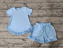 Load image into Gallery viewer, Baby Girls Blue Cotton Top Ruffle Shorts Clothes Sets