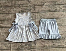 Load image into Gallery viewer, Baby Girls Blue Flowers Bows Tunic Top Ruffle Shorts Clothes Sets