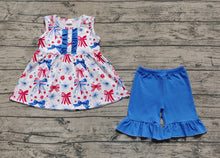 Load image into Gallery viewer, Baby Girls Blue Red Bows Fireworks Tunic Ruffle Shorts 4th Of July Sets