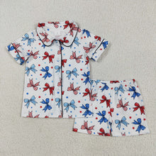 Load image into Gallery viewer, Baby Girls Blue Red Bows Button Top Short 4th Of July Pajamas Sets