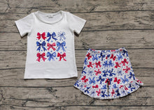 Load image into Gallery viewer, Baby Girls Blue Red Bows Stars Top Ruffle Shorts 4th Of July Sets