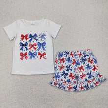 Load image into Gallery viewer, Baby Girls Blue Red Bows Stars Top Ruffle Shorts 4th Of July Sets