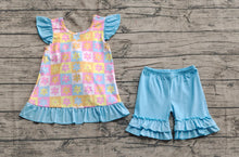 Load image into Gallery viewer, Baby Girls Blue Flutter Sleeves Flowers Plaid Tunic Ruffle Shorts Sets