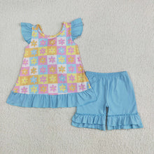 Load image into Gallery viewer, Baby Girls Blue Flutter Sleeves Flowers Plaid Tunic Ruffle Shorts Sets