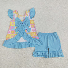 Load image into Gallery viewer, Baby Girls Blue Flutter Sleeves Flowers Plaid Tunic Ruffle Shorts Sets